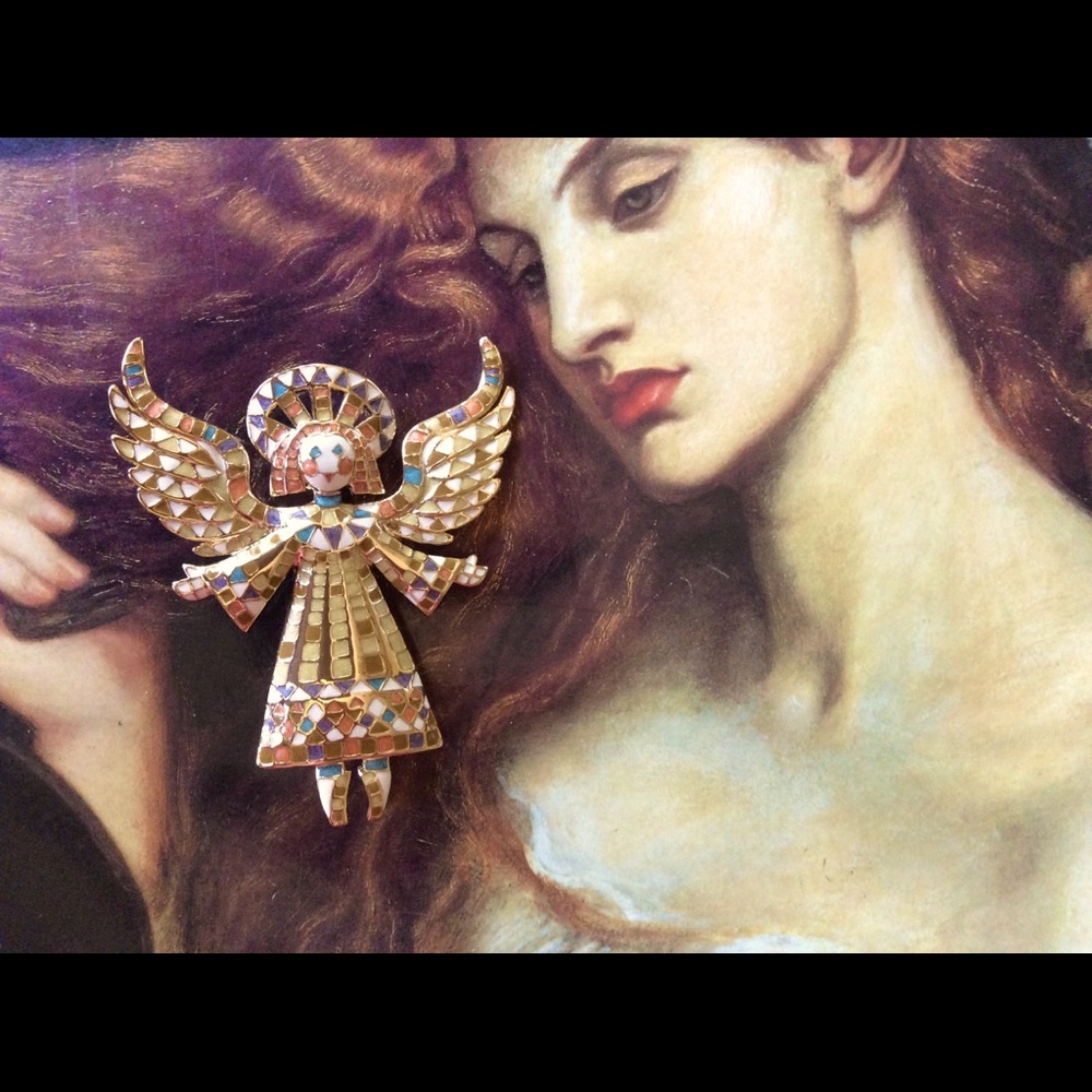Bob Mackie: Golden Inlaid Enamel Angel Brooch.